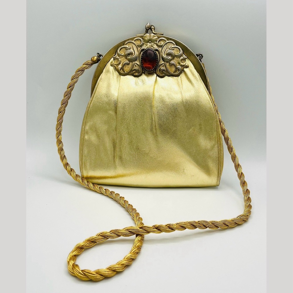 Vintage Harry Levine Evening Bag Gold Amber Stone Matching Coin Purse Kisslock